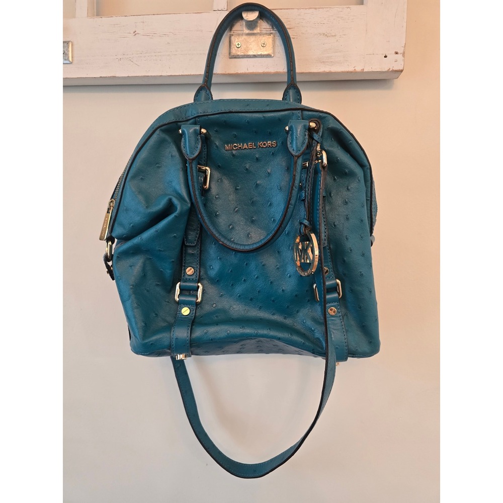 Michael Kors Teal Ostrich Embossed Leather Satchel Crossbody Gold Hardware Bag